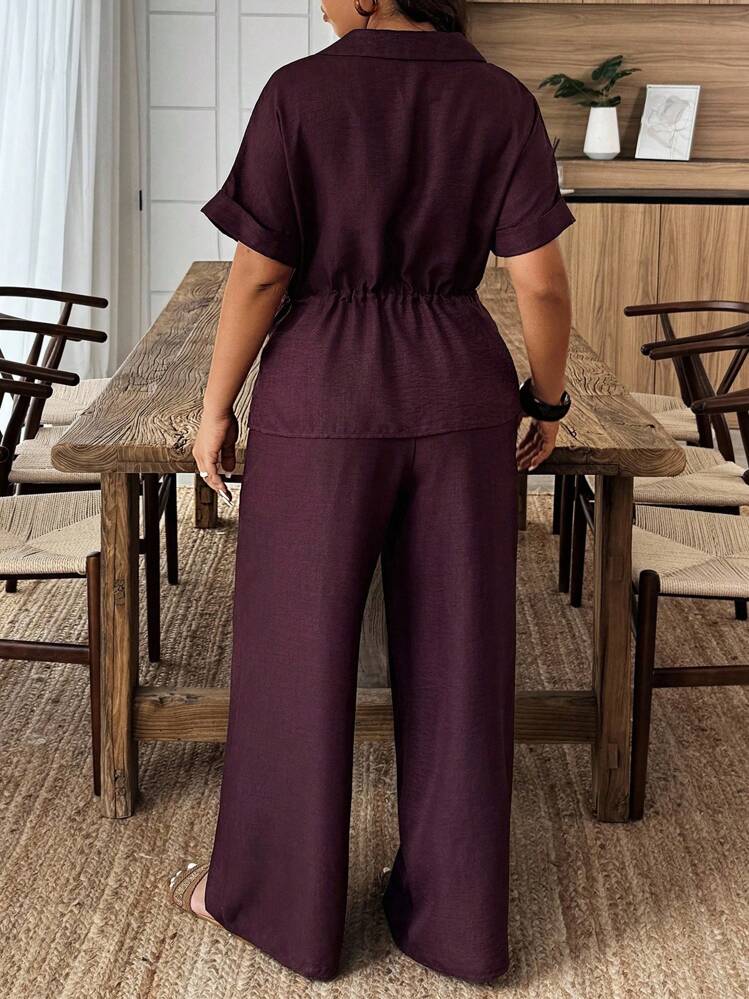 Weeklong Plus Size Summer Casual Solid Color Drawstring Waist Shirt And Pants 2 Pieces Set - Burgundy - View 2