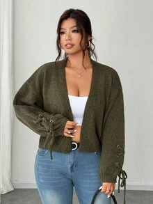Elenzga 大码女式纯色金属眼针织开衫 - 綠色 - 查看 4