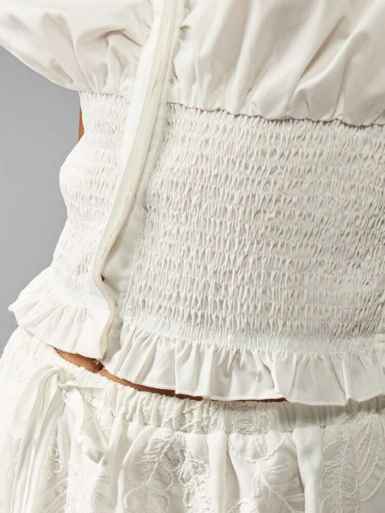 MISSGUIDED Smocked Waist Button Front Blouse Cinched Elastic Midsection Ruffled Hem Cap Sleeve Collared Victorian Style Spring Summer Casual Top