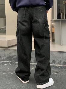 DAZY 男士纯色休闲宽松工装牛仔裤，秋季 - 黑色 - 查看 2