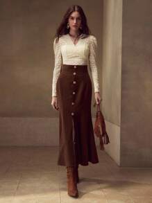 MOTF PREMIUM 灯芯绒金色纽扣细节美人鱼裙 - 棕色 - 查看 6