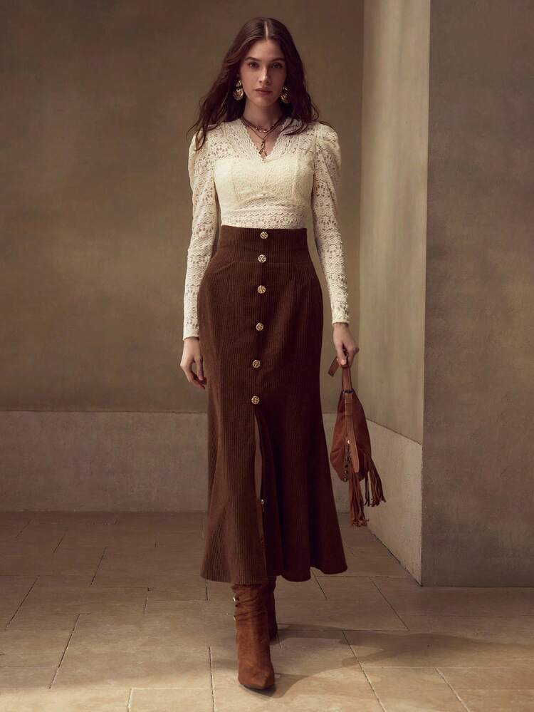 CORDUROY GOLD BUTTON DETAIL MERMAID SKIRT