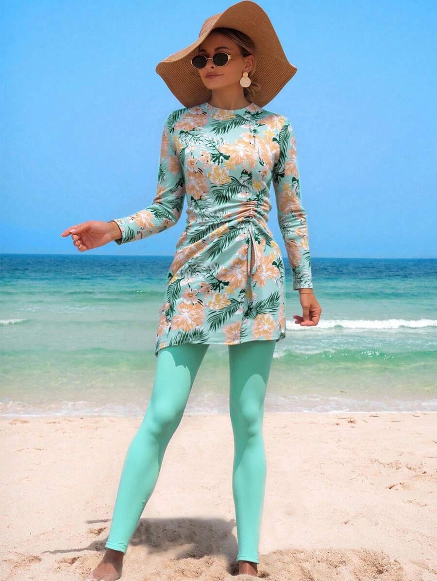 SHEIN Traje de baño musulmán de mujer conservador de manga larga y cubierta completa con estampado de hojas y flores, con pantalones