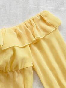 Soleia Women's Holiday Cream Yellow Chiffon Crinkle Fabric Off Shoulder Ruffle Trim Long Sleeve Blouse, Suitable For Holiday Dates, Afternoon Tea, Island Getaways, Beach Vacations, City Trips, Boho Vacations, Music Festivals Yellow Off The Shoulder Top Ruffle Tops Yellow Ruffle Top Ruffle Blouse Yellow Top Yellow Blouse Ruffle Sleeve Top Chiffon Top Women Yellow Blouse Off Shoulder Top ,Elegant Women's Blouses Yellow Blouses Cute Yellow Top Summer Tops Yellow - Yellow - View 6