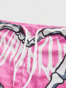 ROMWE MEN Casual Men's Elastic Waist Drawstring Skull Hand Pattern Summer Swim Trunks
