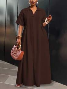 Slaydiva 2025 Frühling/Sommer Neuankömmling Urlaub & Pendeln & Lässig Weiß Locker Kurzarm V-Ausschnitt Plissee A-Linie Maxi Hemdkleid für Damen, Große Größen