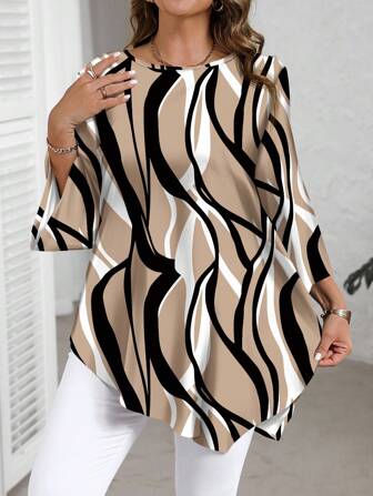 EMERY ROSE Plus Size Khaki Tunic Blouse With Asymmetrical Hem And Round Neck For Casual Style,Teacher Shirts Abstract Print Top Women Blouse Elegant Zebra Print Top Women Fashion Tops 3/4 Sleeve Top,Fall Clothes For Women Chic Blouses For Women