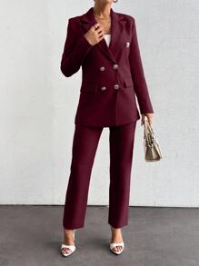 EURMUSE Women's Solid Color Lapel Epaulet Long Sleeve Double-Breasted Fashion Suit Set - Burgundy - View 3