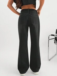 EURMUSE Pantalón vaquero recto con detalles de cintura media - Negro - Ver 2