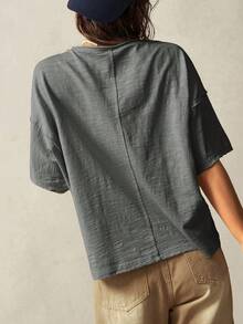 Bohemela 柔软度假图案纯色针织圆领宽松水洗女式 T 恤，夏季 - 灰色 - 查看 2