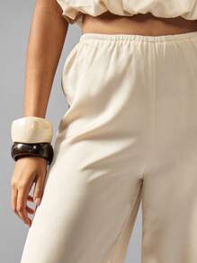 MISSGUIDED Pantaloni largi Palazzo pentru femei, satin, talie elastică, purtați pe haine de seară, lejeră, elegante, lejere, pentru birou, colecția de toamnă-iarnă - Caisă - Vizualizare 4