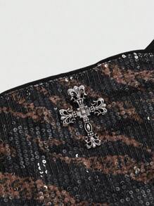 ROMWE J-Fashion 女式复古嬉皮音乐节性感低腰豹纹斑马纹亮片面料紧身短裤，二合一亮片背心两件套 - 黑色 - 查看 3