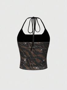 ROMWE J-Fashion 女式复古嬉皮音乐节性感低腰豹纹斑马纹亮片面料紧身短裤，二合一亮片背心两件套 - 黑色 - 查看 7