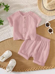 2 件套新生男婴休闲可爱粉色短袖衬衫和松紧腰短裤套装，夏季 - 粉色 - 查看 3
