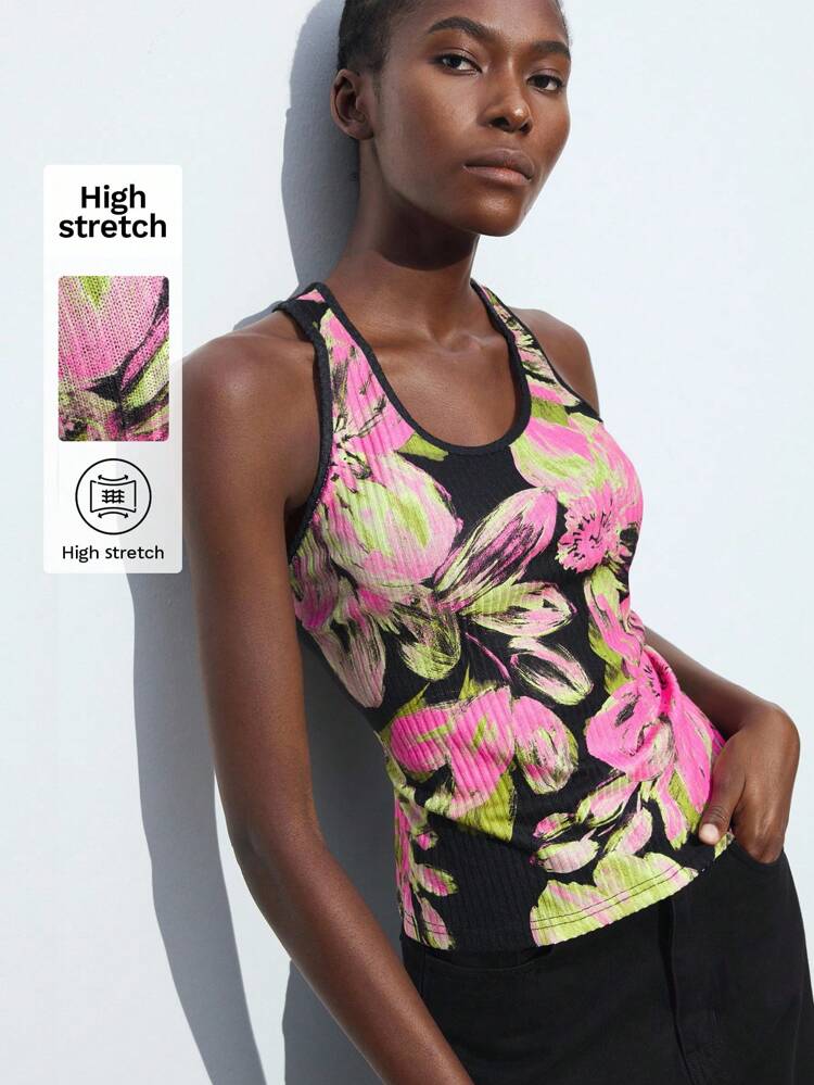 SHEIN Maija Floral Print Sleeveless Fitted All-Match Tank Top For Women, Comfortable Casual Modern Urban Design, Suitable For Commuting And Urban Vacation, Autumn