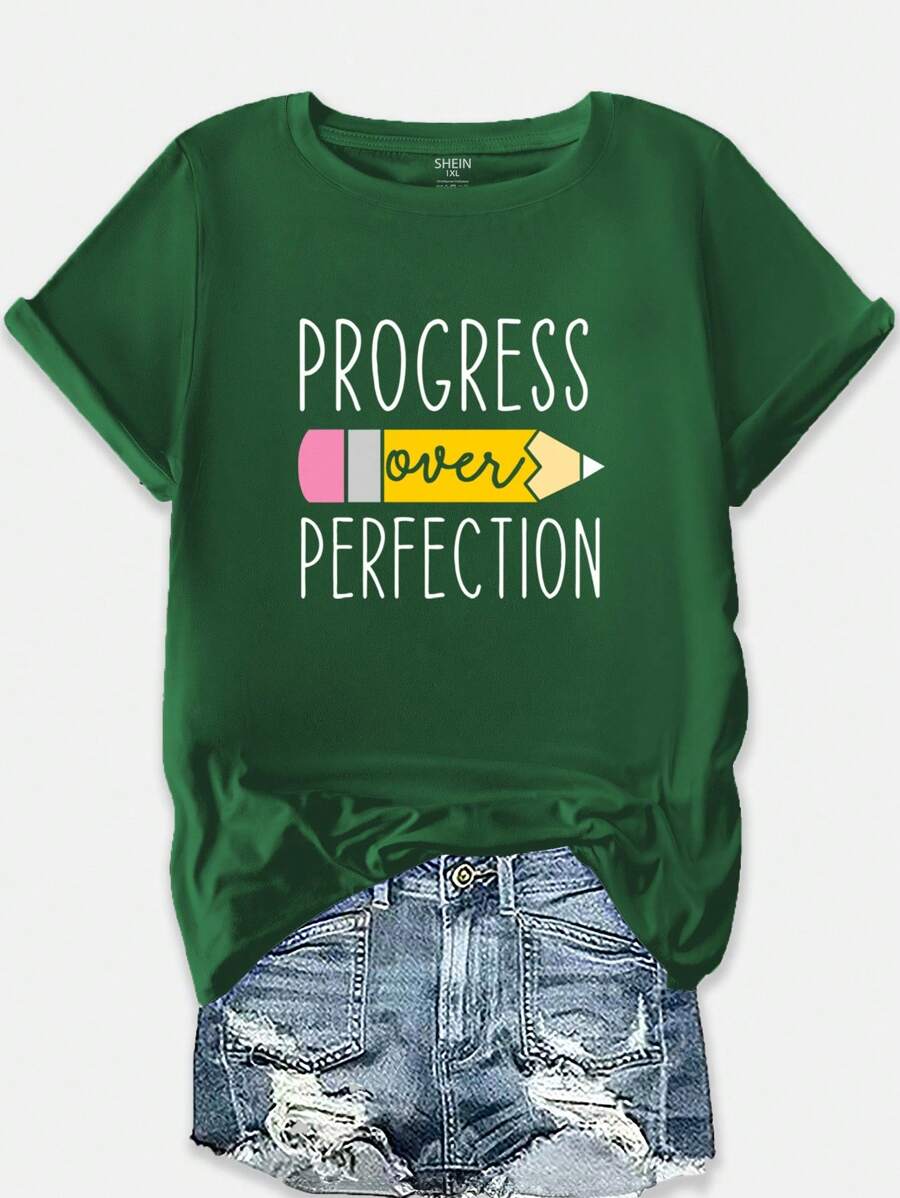 EMERY ROSE Áo phông chữ lớn thường ngày trở lại trường cỡ lớn dành cho nữ Áo phông họa tiết dành cho nữ - Màu xanh lá cây đậm - Xem 1