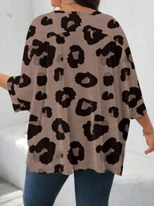 SHEIN LUNE 加大码休闲豹纹印花宽松圆领长袖 T 恤，适合春夏季 - 彩色 - 查看 2