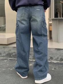 DAZY 男士秋季工装口袋阔腿宽松休闲牛仔裤 - 淺藍色 - 查看 2