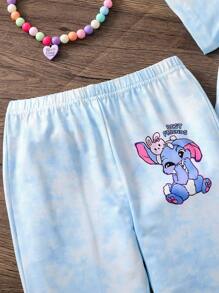 SHEIN 2pcs Young Girls Cute Pattern Top And Flare Pants Set, Vibrant Tie-Dye Fabric, Casual Everyday Wear - Blue - View 5