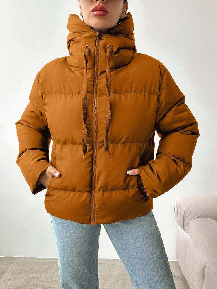 EURMUSE Women's Solid Color Pocket Zip-Up Hooded Long Sleeve Padded Coat - Camel - View 6