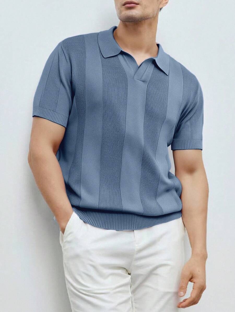 Manfinity Homme 男士休闲V领短袖针织上衣，纯色，适合日常通勤，夏季