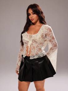 Rustia 大码女式杏色蕾丝透视性感长袖衬衫 - 杏色 - 查看 4