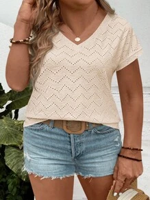 EMERY ROSE T-shirt ample à manches courtes, col V, texturé jacquard, best-seller, grande taille pour femmes