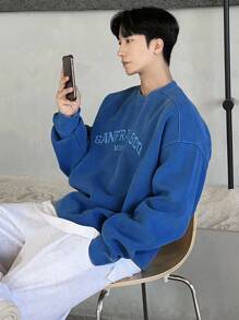 DAZY Men's Autumn Letter Embroidery Pullover Baggy Sweatshirt - Blue - View 4