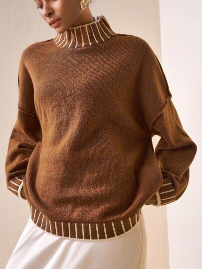 Zivah 秋冬灯笼袖毛衣，厚款半高领休闲宽松撞色套头衫