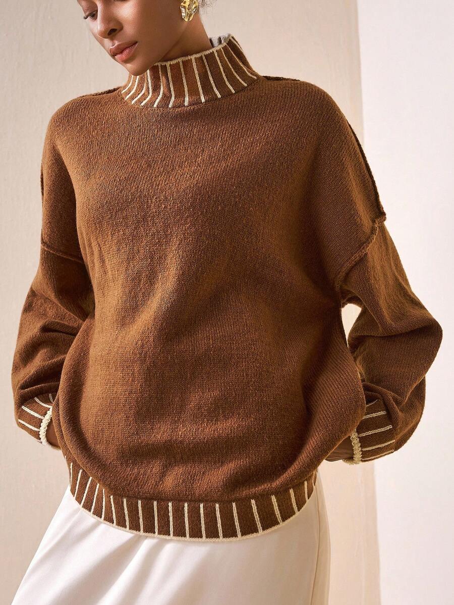 Zivah 秋冬灯笼袖毛衣，厚款半高领休闲宽松撞色套头衫 - 棕色 - 查看 1