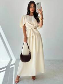 Firerie 女士优雅休闲通勤杏色圆领荷叶边短袖修身衬衫上衣和 A 字宽松短裙 2 件套 - 杏色 - 查看 7