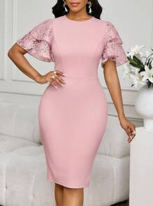 SHEIN Lady Women's Elegant Contrast Lace Ruffle Sleeve Midi Dress, Summer,Work Dresses