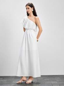 Lumivelle Women's Patchwork Ruffle Hem Embroidered Shoulder Fashion Dress All White Summer Dress Clothes For University - White - View 5