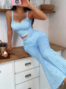 Eraneu Women's Retro Plaid Bow Print Lace Trim Camisole And Flare Leg Pants Pajama Set - Sky Blue - View 6