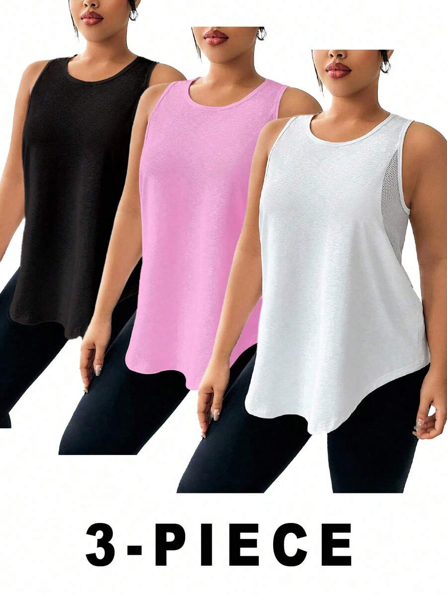 Easithlete Women's Plus Size Sleeveless Round Neck Sports Tanks With Mesh Details Workout Tops Women 3 Packs Tops Sleeveless Workout Tops Tank Tops Women Plus Workout Tops