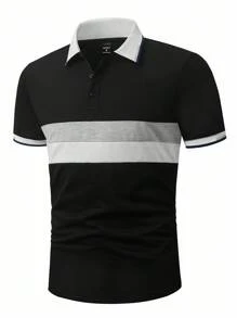 Manfinity Homme Striped Blue, White & Gray Contrast Polo Shirt With Flat Zipper - Black - View 4