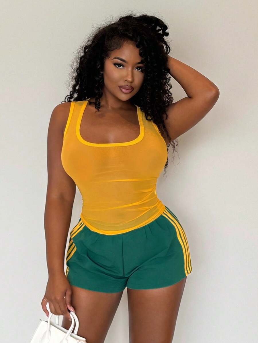 Alexandranx Top ajustado de malla amarilla sexy para vacaciones de primavera, ropa de playa para Ibiza - Amarillo - Ver 1