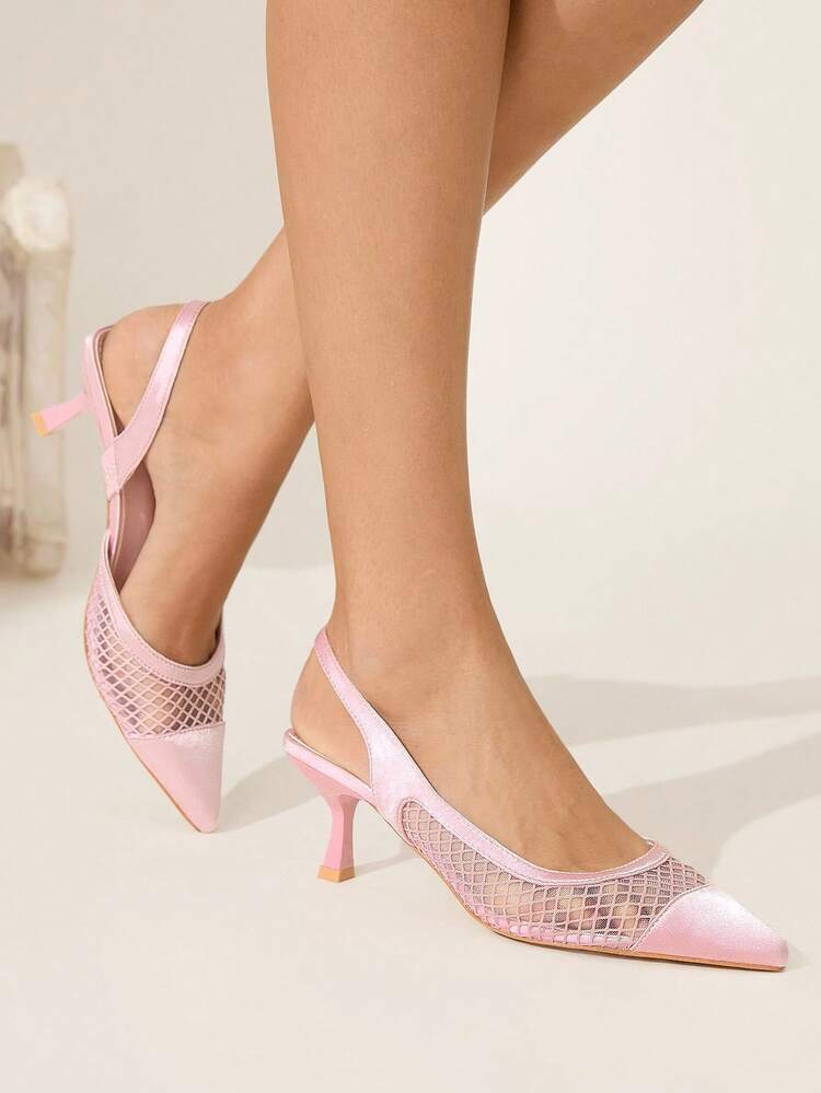 CUCCOO CHICEST Women's Pointed Toe Stiletto Heel Mid-Heel Shoes, Elegant Sweet Romantic Minimalist Fashion Comfortable Shallow Pink Mesh Faux Leather Mesh Slip-On High Heels, Suitable For Afternoon Tea, Date, Party, Work, Formal Occasions, Versatile, Valentine's Day