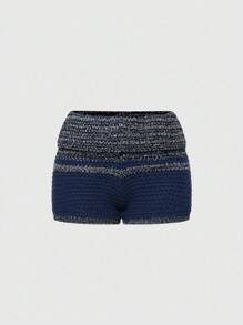 Hippie 女式嬉皮波西米亚太阳和月亮刺绣低腰针织短裤 - 藍色 - 查看 2