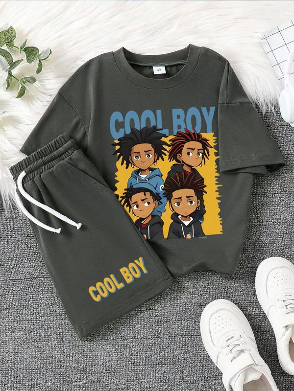 GraphicGems 2pcs Boys Casual Set: "Young Boy" Graphic Print Short Sleeve T-Shirt And Shorts Young Boys Matching Sets Young Boys T Shirts Young Boys 2 Pieces Young Boys Suit Set Youth Boys Shirt