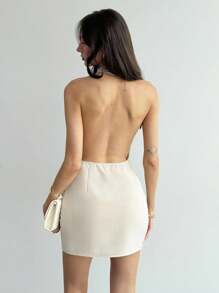 Aloruh Vestido mini halter sin espalda de unicolor de verano para mujer, conjunto de ropa sexy para club, salir