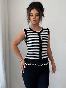 Selianne Sleeveless Round Neck Floral Hem Contrast Color Elegant Romantic Delicate Women Sweater Vest - Black and White - View 4