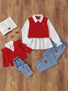 2pcs Baby Girls' Casual Red Long Sleeve Top And Denim Pants Set Cherry Baby Outfit Baby Girl Outfit Toddler Girl Outfit Cherry Jeans Outfit Baby Jeans Set Baby Girl Outfit Set Toddler Girl Clothes Baby Girl Jeans Outfit Baby Girl Clothes Baby Jeans Outfit Red Baby Outfit Fall Winter - Red - View 3