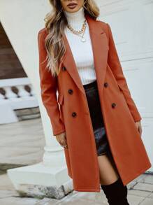 Pariaura 翻领双排扣大衣，女士深秋优雅双纽扣常规袖翻领常规版型焦橙色纯色女士大衣，休闲日常穿着 - 亮橙色 - 查看 5