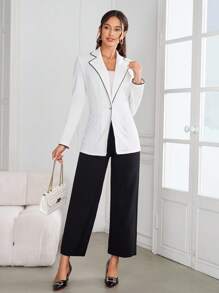 Ellevyn Women's Notch Collar Long Sleeve White With Black Trim Elegant Versatile Autumn/Winter Fitted Blazer Fall/Winter Women Clothes Business Casual Woman Teacher Clothes Fall Clothes For Women Business Casual Woman - White - View 9