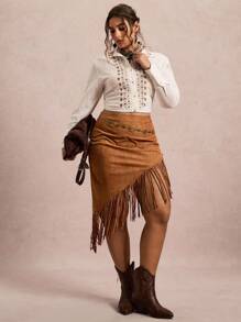 Freevana Asymmetrischer Fransen-Dekor Lässig Lässig Rock, Fransen Rock, Western Rock, Cowgirl Rock, Wildleder Rock, Country Rock, Rückkehr zur Schule Herbst Lehrerin Schule Lehrerin Country Konzert Western Boho Rave Vintage 2000er Jahre Stil Herbst Große Größen Country Old Money Bohemian Lässig Herbst