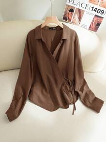 Modelyn 女士纯色长袖系带休闲宽松衬衫 - 棕色 - 查看 1