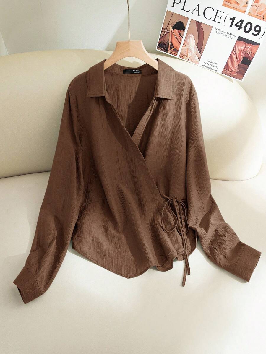 Modelyn 女士纯色长袖系带休闲宽松衬衫 - 棕色 - 查看 1