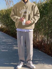 DAZY 男士米色字母刺绣套头卫衣，秋季七分拉链款