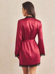 Charlaine 女士蕾丝拼接简约长袖休闲睡袍，Luxeloungewear品牌，秋冬款 - 紅色 - 查看 2